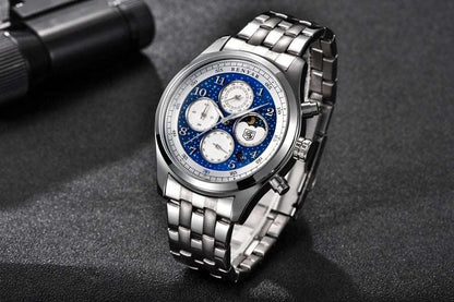 Benyar Quartz Watch 5122 for Men Luxury Stainless Steel Classic Blue Star Dial Calendar Chronograph