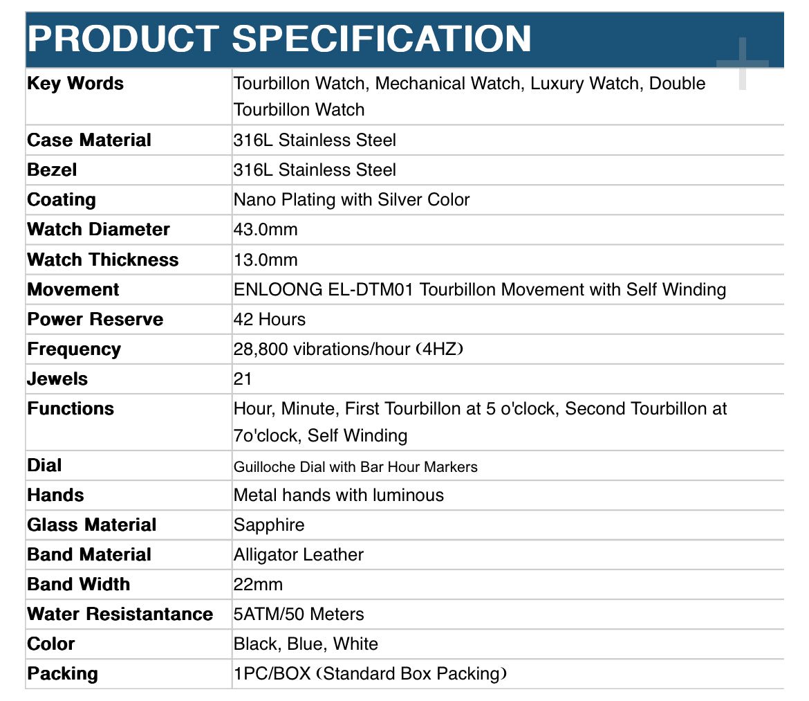 ENLOONG Double Tourbillon Watches with 21 Jewels Self Winding EL-DT01
