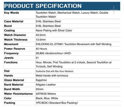 ENLOONG Double Tourbillon Watches with 21 Jewels Self Winding EL-DT01