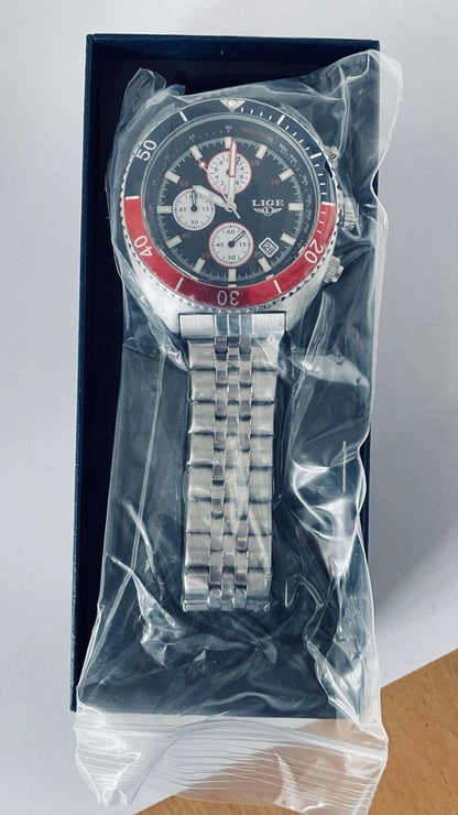 Außergewöhnlich! Original LIGE Herren Quarzuhr LG8988 Silber/rot