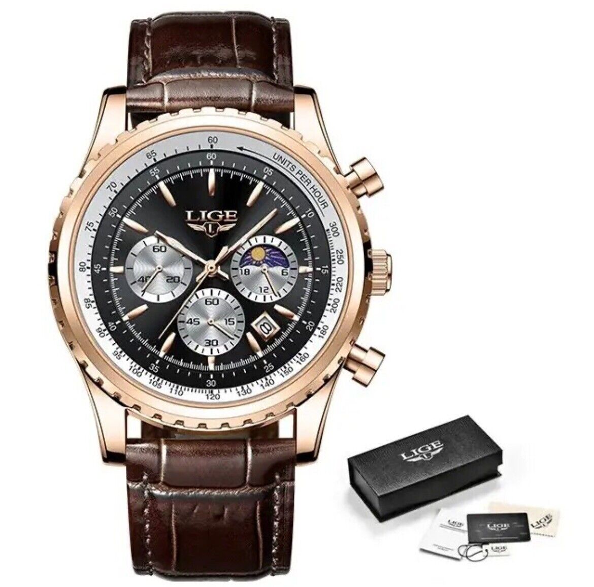 Original LIGE Herren Edelstahl Chronograph Quarzuhr LG8989A Rose-Gold-Black