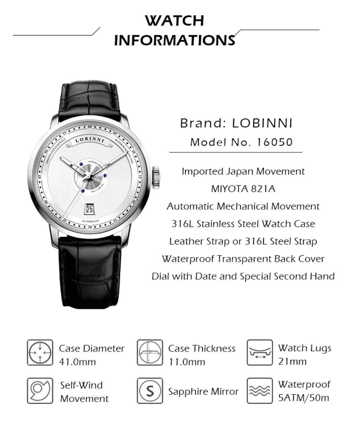 Elegante LOBINNI 16050 Luxus-Automatikuhr