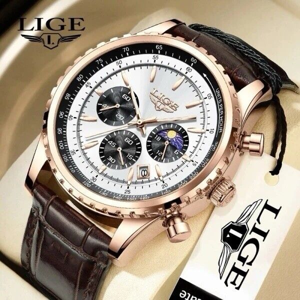 Original LIGE Herren Edelstahl Chronograph Quarzuhr LG8989C Rose-Gold-White