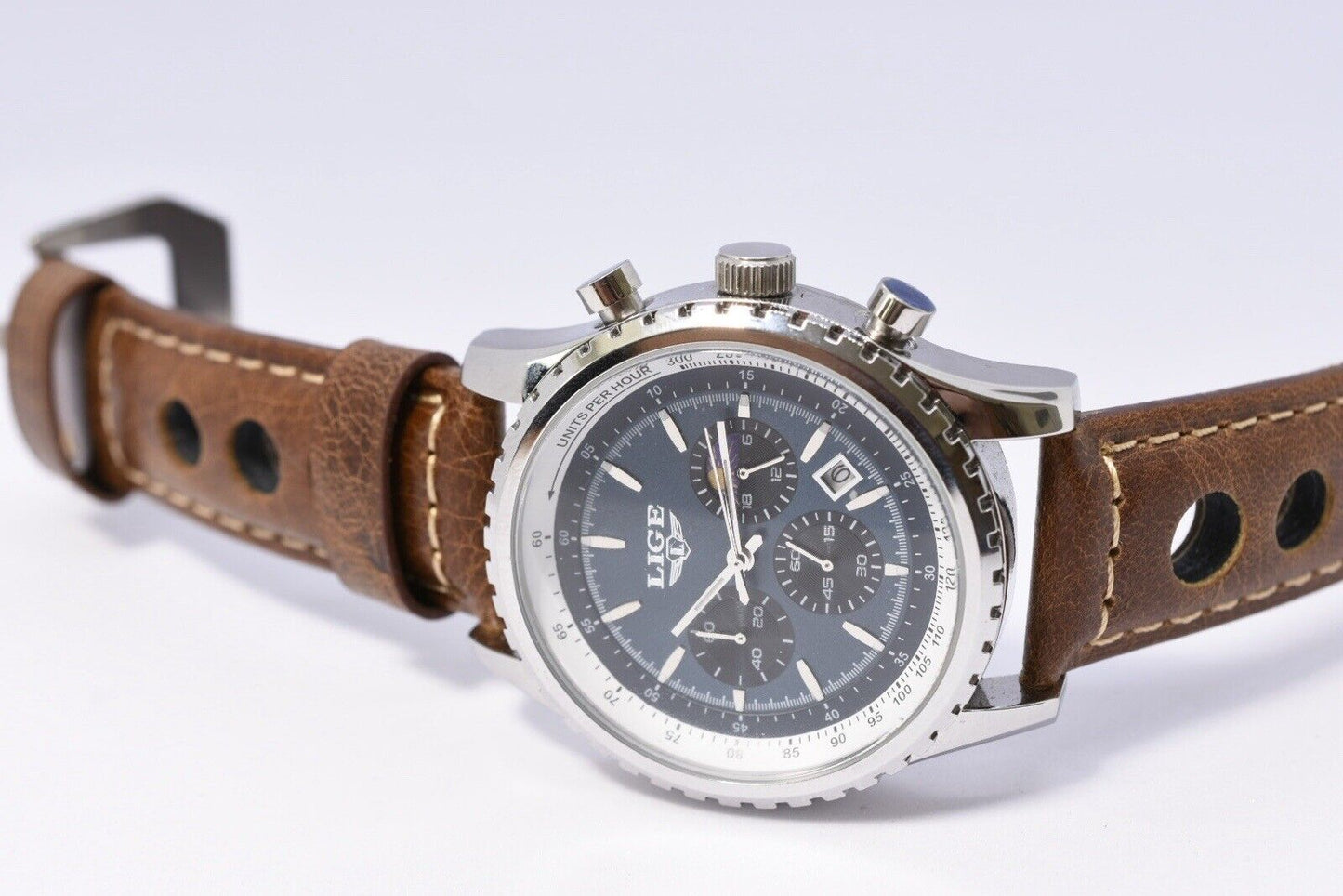 LIGE Herren Armbanduhr Chronograph Quarzuhr LG8989K mit Lederarmband - Unique