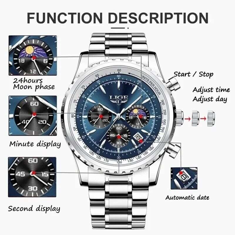 Bestseller: Original LIGE Herren Edelstahl Armbanduhr mit Chronograph LG8989K