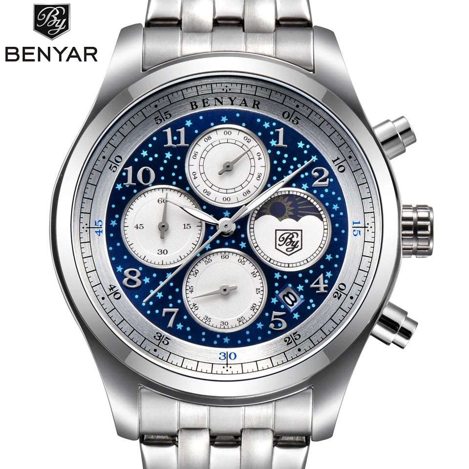 Benyar Quartz Watch 5122 for Men Luxury Stainless Steel Classic Blue Star Dial Calendar Chronograph