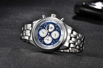 Benyar Quartz Watch 5122 for Men Luxury Stainless Steel Classic Blue Star Dial Calendar Chronograph