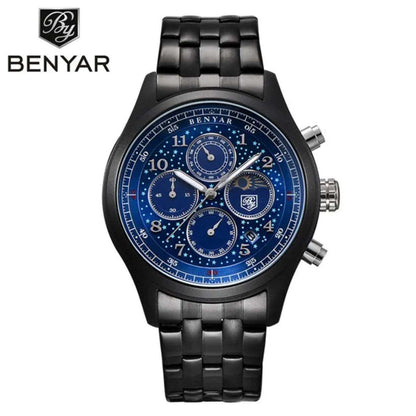 Benyar Quartz Watch 5122 for Men Luxury Stainless Steel Classic Blue Star Dial Calendar Chronograph