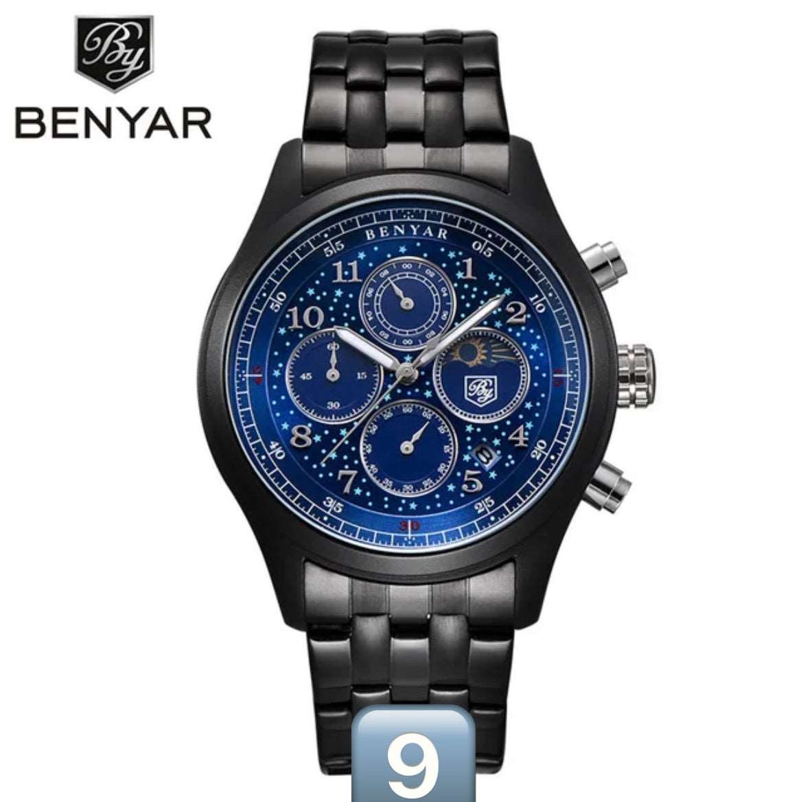 Benyar Quartz Watch 5122 for Men Luxury Stainless Steel Classic Blue Star Dial Calendar Chronograph