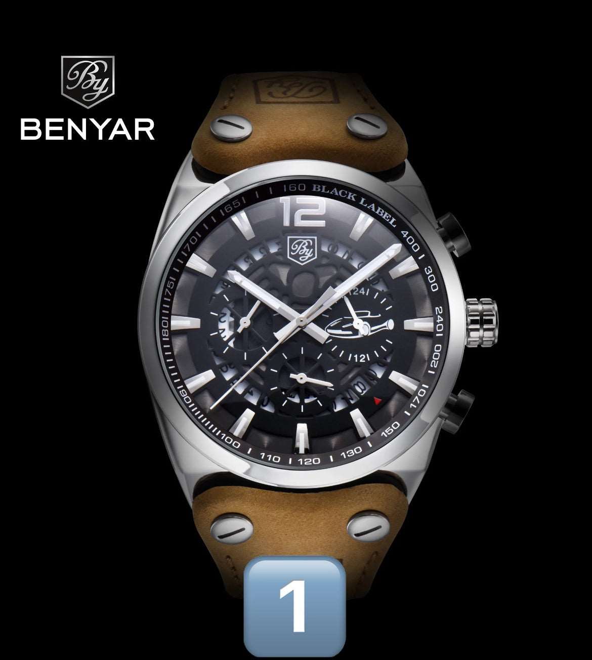 Benyar Quartz Watch 5122 for Men Luxury Stainless Steel Classic Blue Star Dial Calendar Chronograph