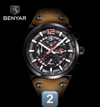 Benyar Quartz Watch 5122 for Men Luxury Stainless Steel Classic Blue Star Dial Calendar Chronograph