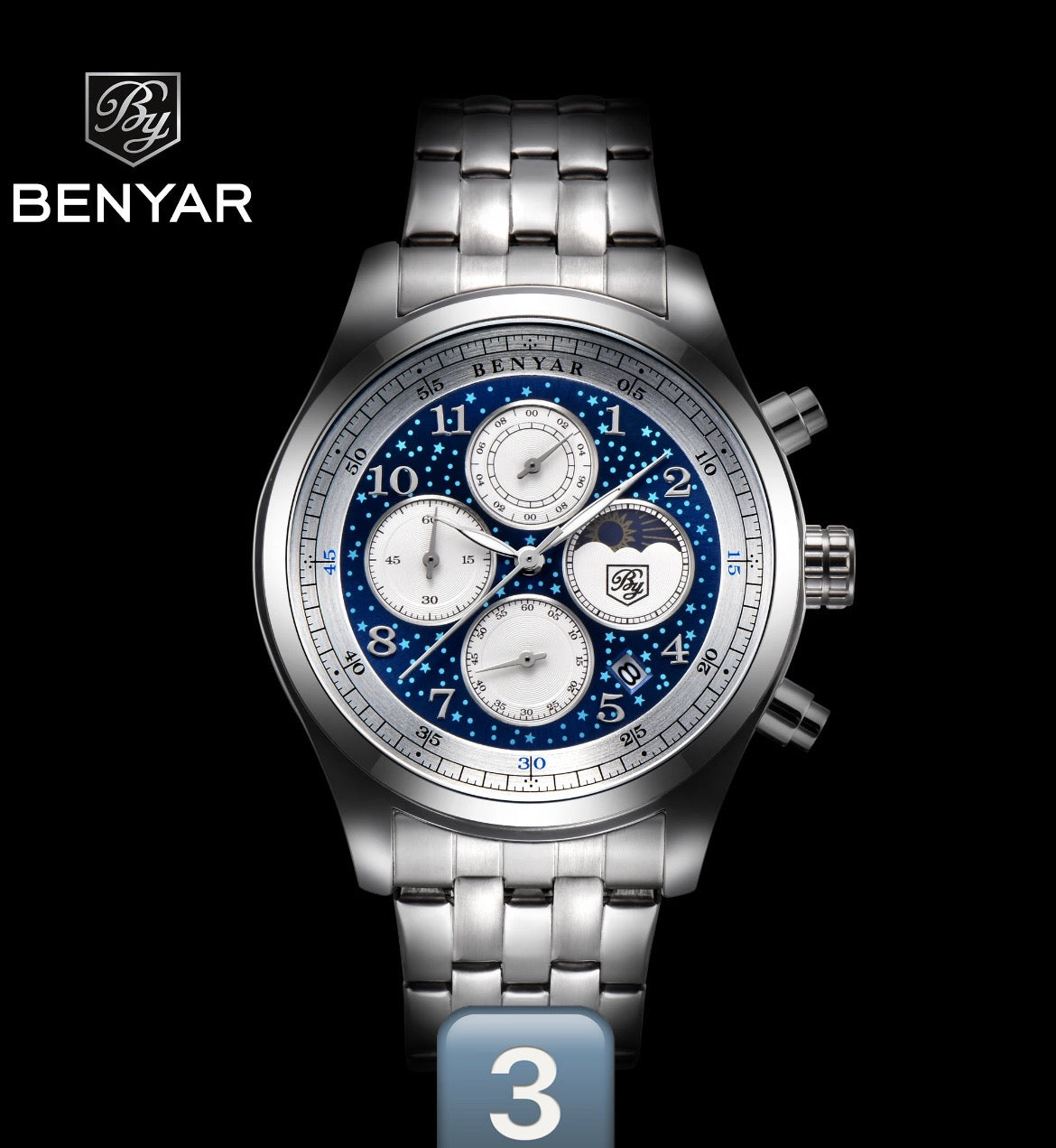 Benyar Quartz Watch 5122 for Men Luxury Stainless Steel Classic Blue Star Dial Calendar Chronograph