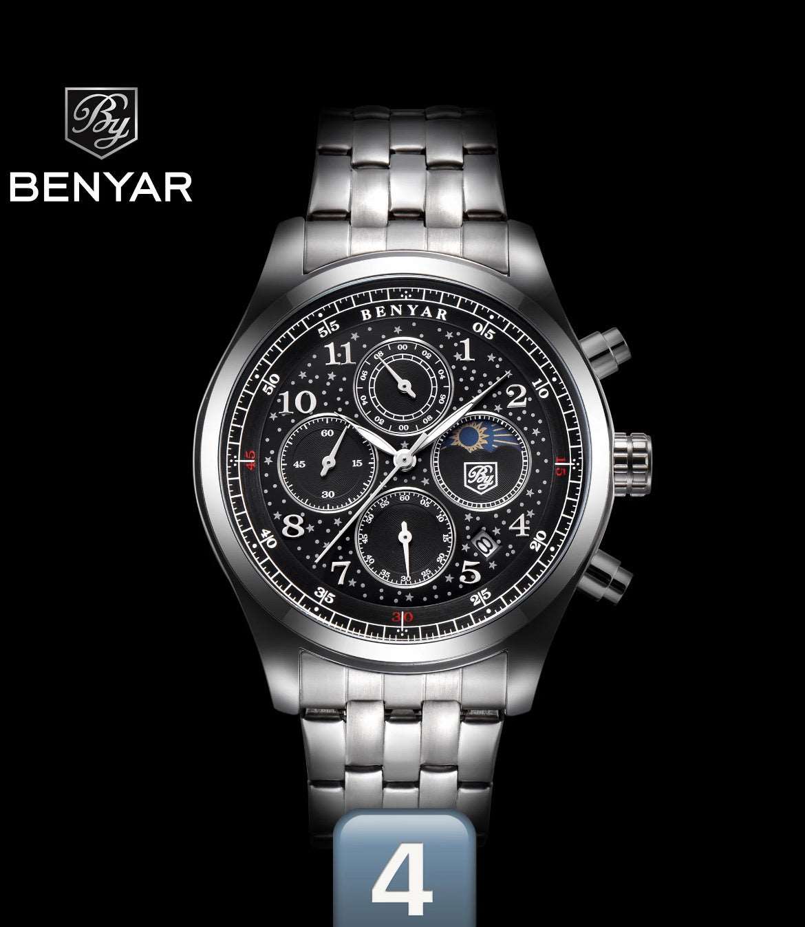 Benyar Quartz Watch 5122 for Men Luxury Stainless Steel Classic Blue Star Dial Calendar Chronograph