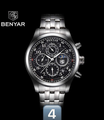 Benyar Quartz Watch 5122 for Men Luxury Stainless Steel Classic Blue Star Dial Calendar Chronograph