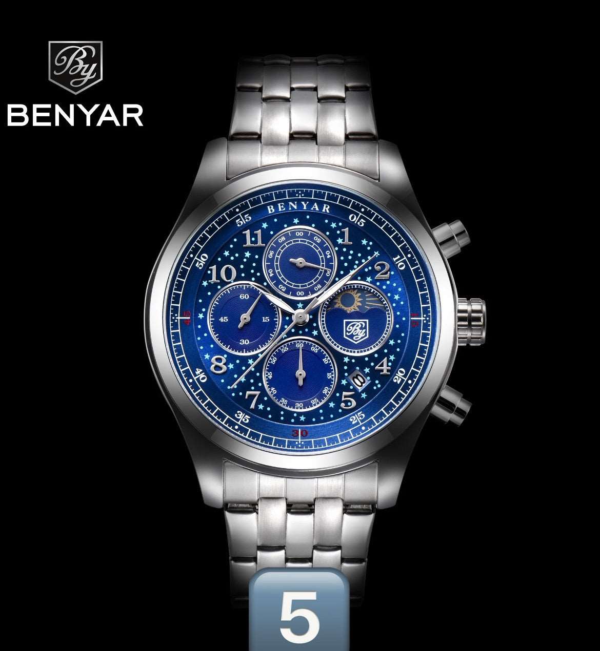 Benyar Quartz Watch 5122 for Men Luxury Stainless Steel Classic Blue Star Dial Calendar Chronograph