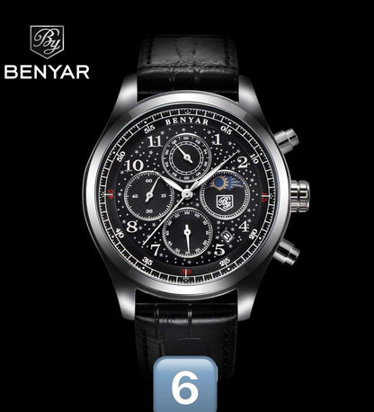 Benyar Quartz Watch 5122 for Men Luxury Stainless Steel Classic Blue Star Dial Calendar Chronograph