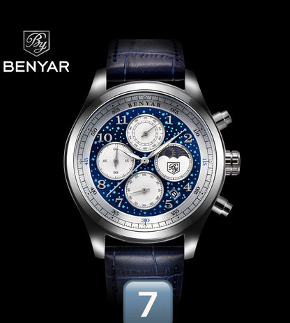 Benyar Quartz Watch 5122 for Men Luxury Stainless Steel Classic Blue Star Dial Calendar Chronograph