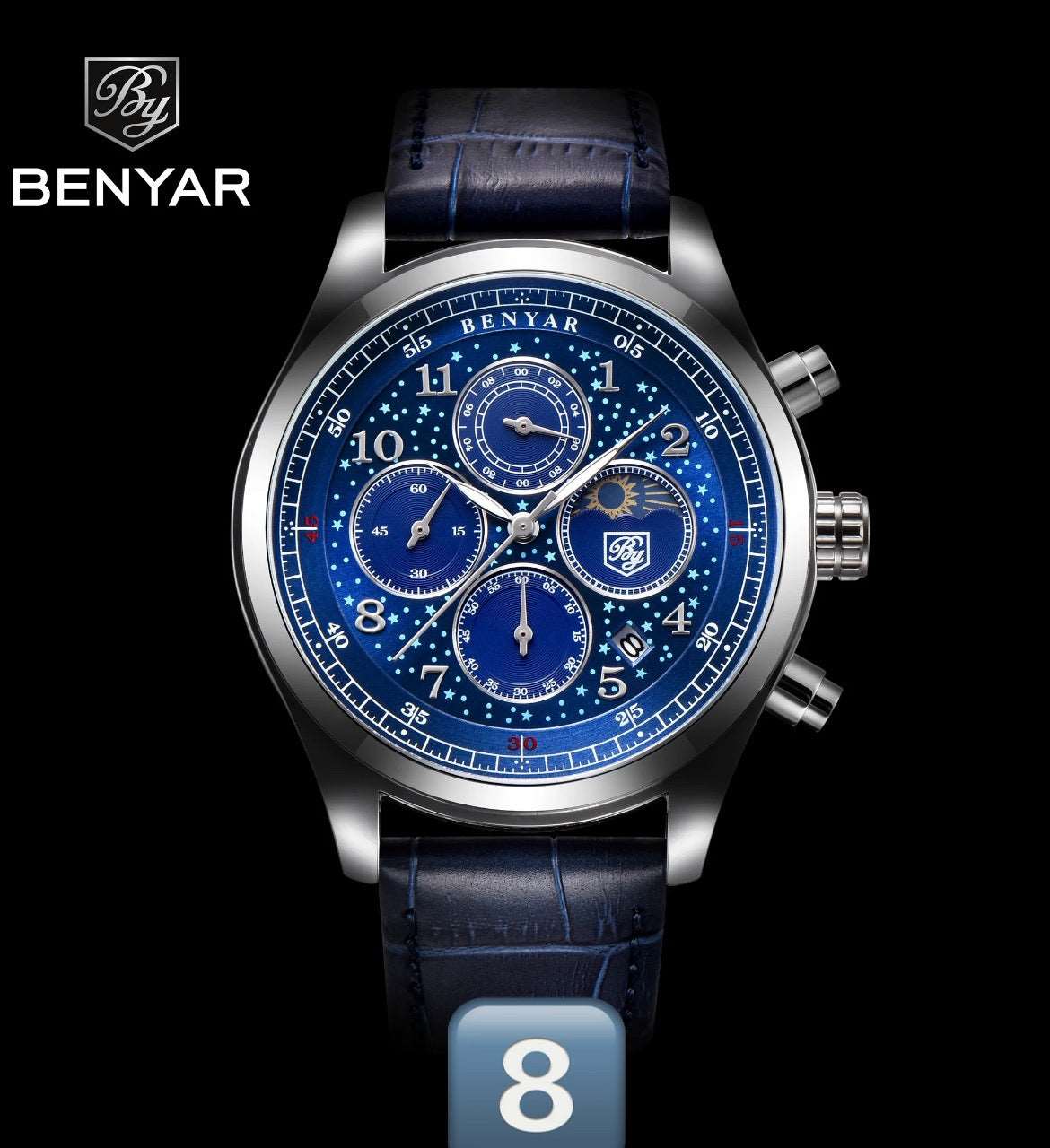 Benyar Quartz Watch 5122 for Men Luxury Stainless Steel Classic Blue Star Dial Calendar Chronograph