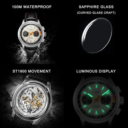 CADISEN V2 Watch Mens Military Chronograph ST19 Swanneck Movement Mechanical Watch Domed AR Sapphire Crystal PP C8212M