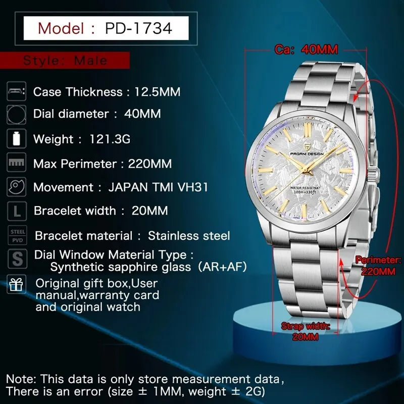PAGANI DESIGN 40MM Quartz Watch TMI VH31 316L Stainless Steel 100M Waterproof