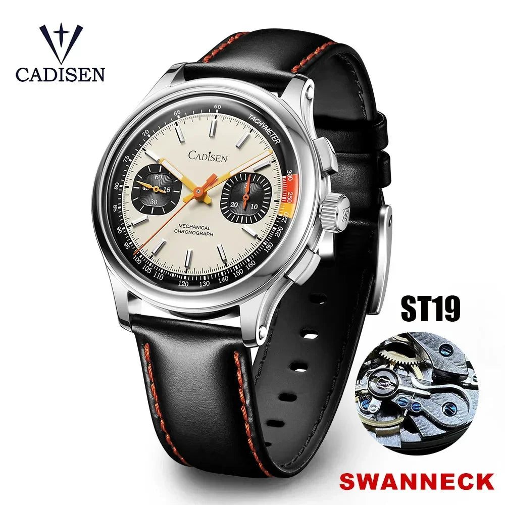 CADISEN V2 Watch Mens Military Chronograph ST19 Swanneck Movement Mechanical Watch Domed AR Sapphire Crystal PP C8212M